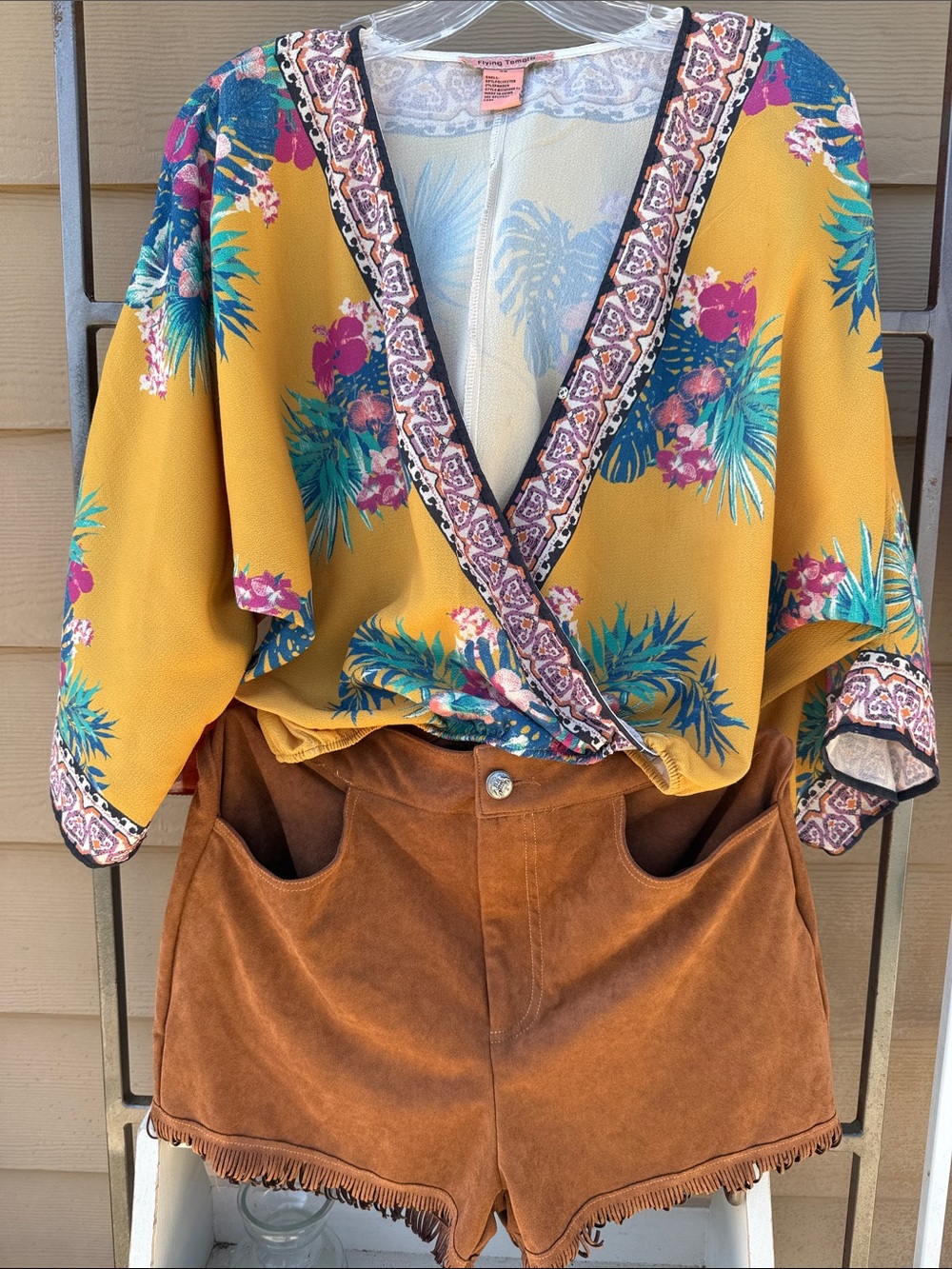 Flying Tomatoes Blouse  Floral Mustard Wrap Blouse